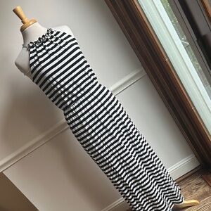 White House Black Market Maxi Dress Black White Stripes silver balls collar EUC
